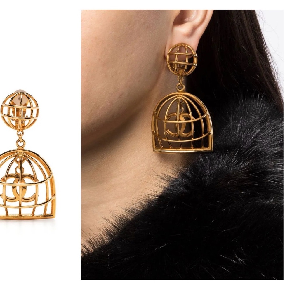 CHANEL 1993 vintage Gold BirdCage Earrings w box Beyoncé